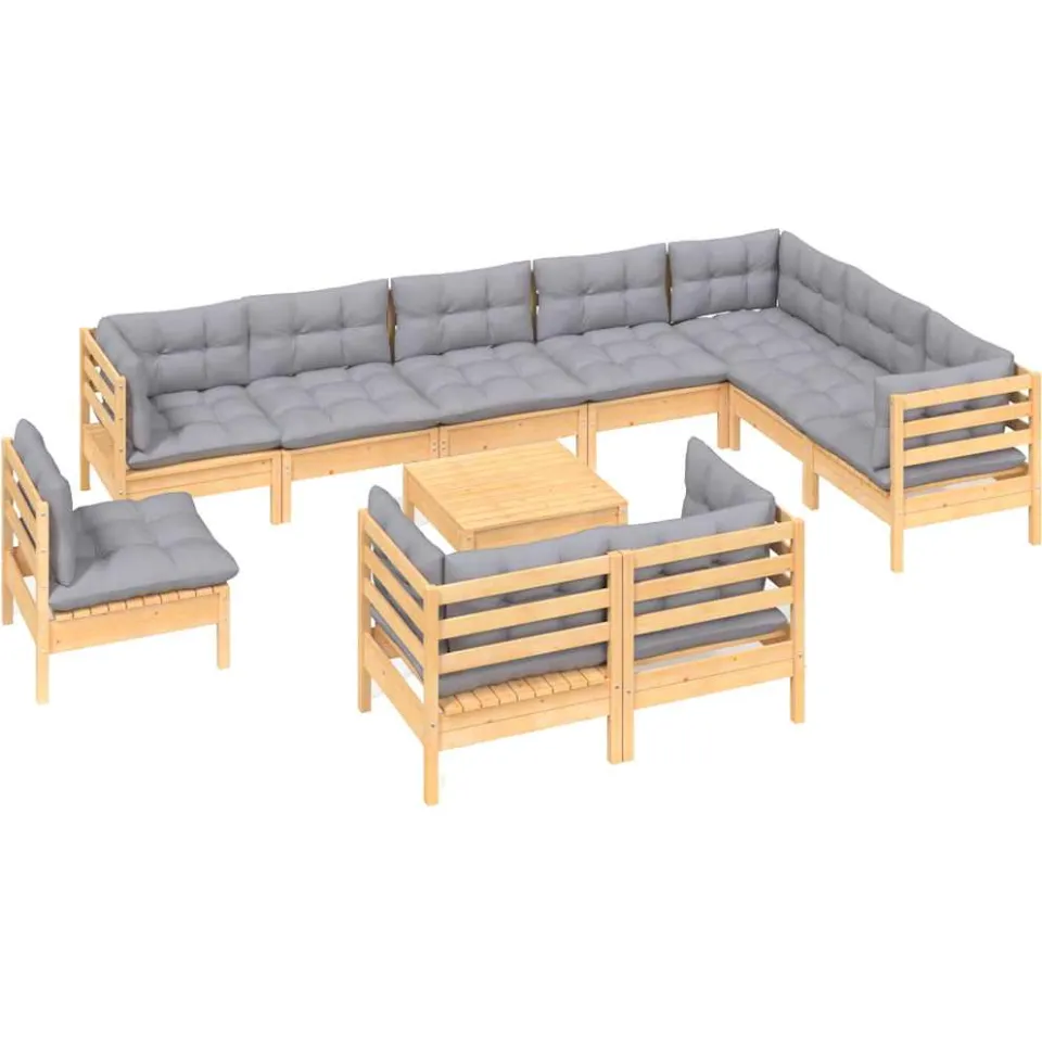 vidaXL 11-delige Loungeset met grijze kussens massief grenenhout Grijs