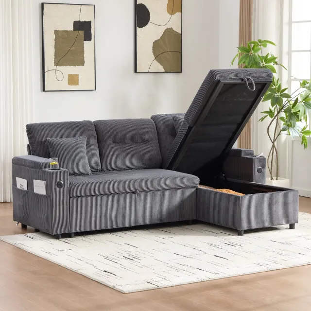 MEUNIQ 3-zits slaapbank met opbergruimte, USB-C, chaiselongue en uitklapbaar bed, donkergrijs corduroy voor woonkamer koolstofgrijs