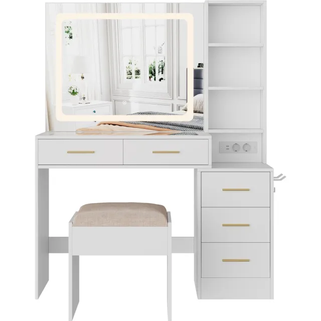 SHOPENTRA SMINKTAFEL wit MDF 110cm met LED-spiegel, stopcontacten, glazen blad en gepolsterde kruk Beige
