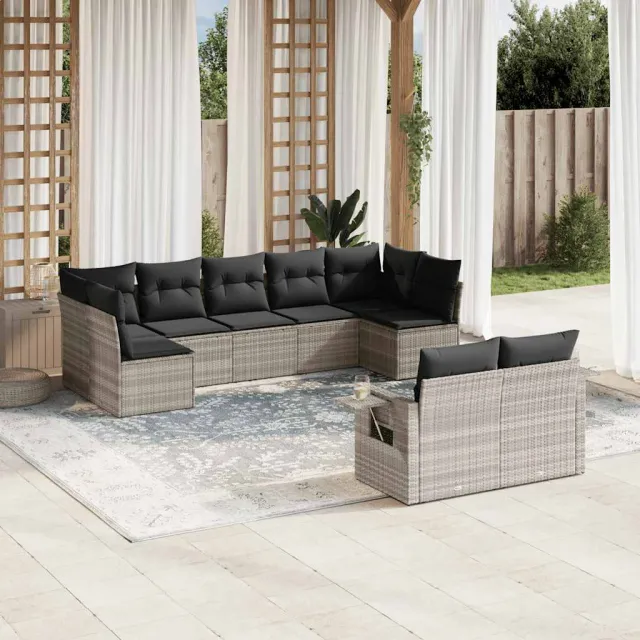 vidaXL 9-delige Loungeset met kussens poly rattan lichtgrijs grijs, foto 2
