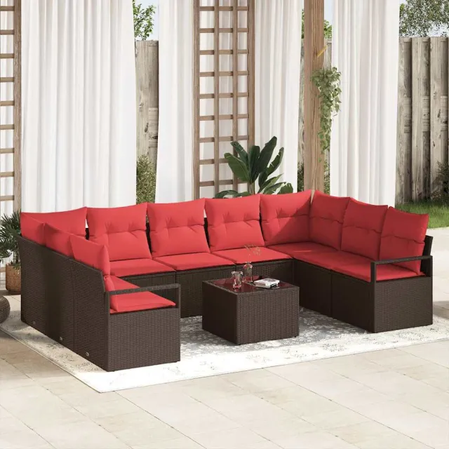 vidaXL Tuinbankenset 10 st Bruin en Rood poly rattan, foto 2