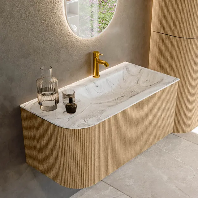 Mondiaz KURVE-DLUX 95 cm Onderkast Greeploos 1 Lade Met Deuren Oak, Wastafel Solid Surface Rechts Glace 1 Kraangat Zonder Spiegel (KRVBGS95L1L1D1KR-Oak/Gla)