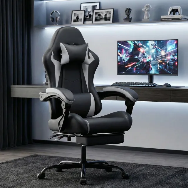 REDOM Gamingstoel - Ergonomisch ontwerp met hoofdsteun en lendenkussen - Kantelbare rugleuning en uitschuifbare voetsteun - Voor volwassenen - Kunstleer - Zwart-wit - 117 x 66 cm