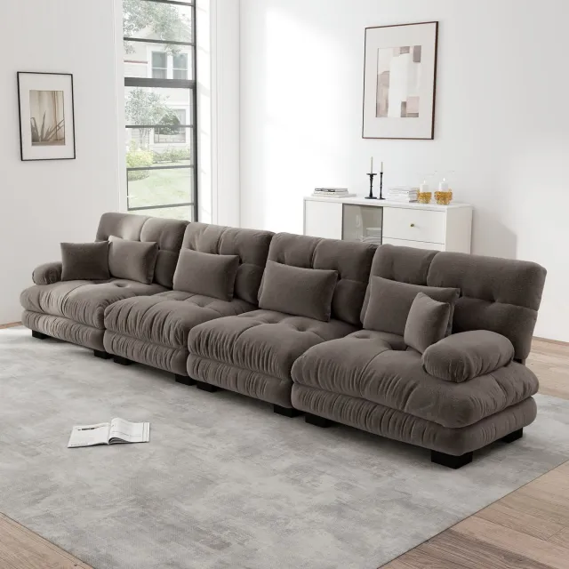 REDOM Modulaire 4-Zits Hoekbank - Diepe Zitting met Afgeronde Armleuningen - Vintage Stijl - Voor Woonkamer - Chenille - Bruin - 406x77x81 cm