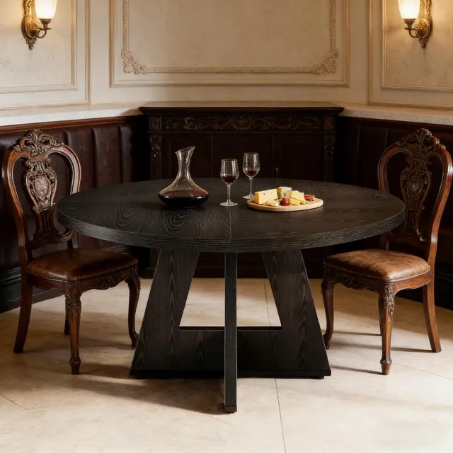Wishdor Eettafel rond 120 cm - Landelijk boerenhuisdesign - Houtlook - Zwart - Voor 4 personen - Vast model - Inclusief montageonderdelen