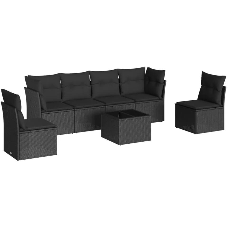 vidaXL 7-delige Loungeset met kussens poly rattan zwart