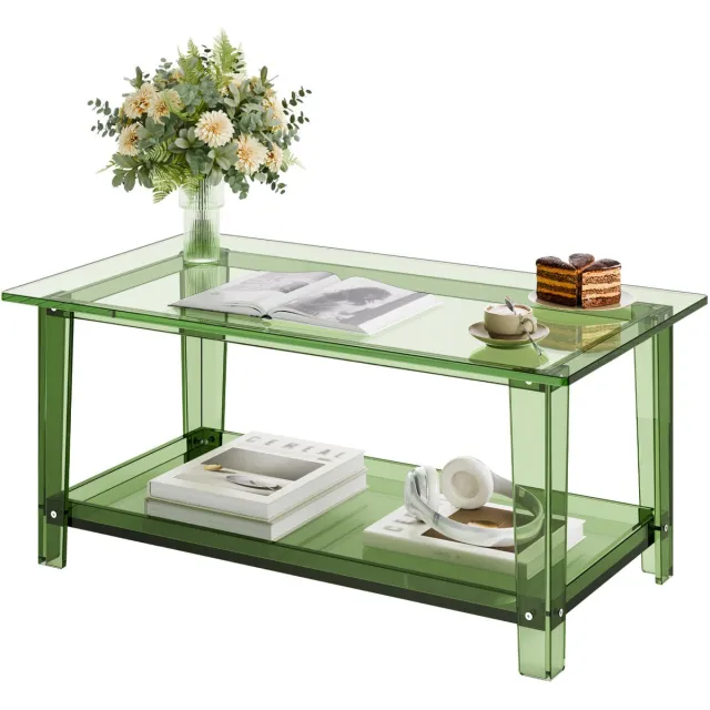 Vevor Acryl Salontafel, 2-Laags Bijzettafel met Plank, Moderne Rechthoekige Acryl Tafel, Ideaal voor Eetkamer, Kookeiland, Restaurant, Kantoor, 50 X 80 X 40 cm (Groen) Transparant Groen