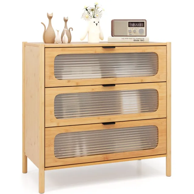 Costway Ladekast met 3 laden, dressoir van bamboe & gehard glas, ladeblok in mid-century stijl voor woonkamer, slaapkamer, gang, naturel, 80 x 40 x 78,5 cm Natuurlijk