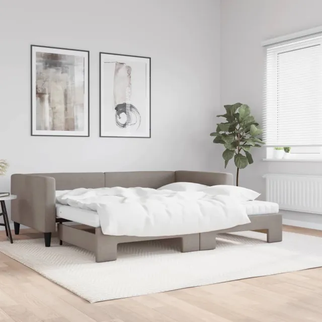 vidaXL Slaapbank met onderschuifbed en matrassen 100x200 cm stof taupe