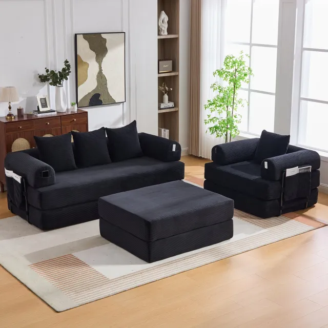 MODENUIT Hoekbank 200 x 94 x 67 cm - Modulair Met Hocker En Opbergvak - Voor Woonkamer - Corduroy - Zwart