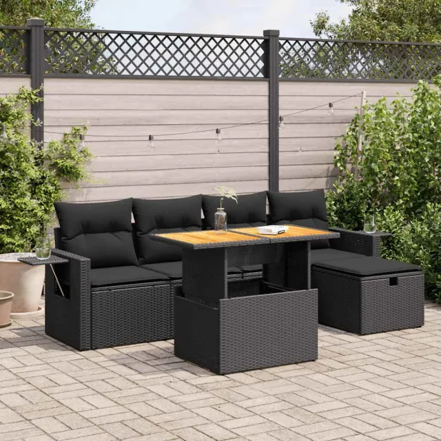 vidaXL 6-delige Loungeset met kussens poly rattan acacia zwart, foto 2