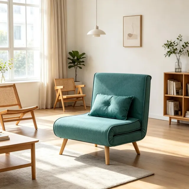 CHICFURN Slaapfauteuil 80x190 cm - Uitklapbaar tot eenpersoonsbed - Rugleuning met 5 standen - Stof - Groen Blauwgroen