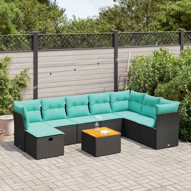 vidaXL 9-delige Loungeset met kussens poly rattan zwart, foto 2