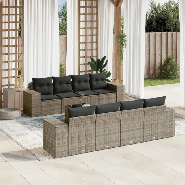 vidaXL 9-delige Loungeset met kussens poly rattan grijs