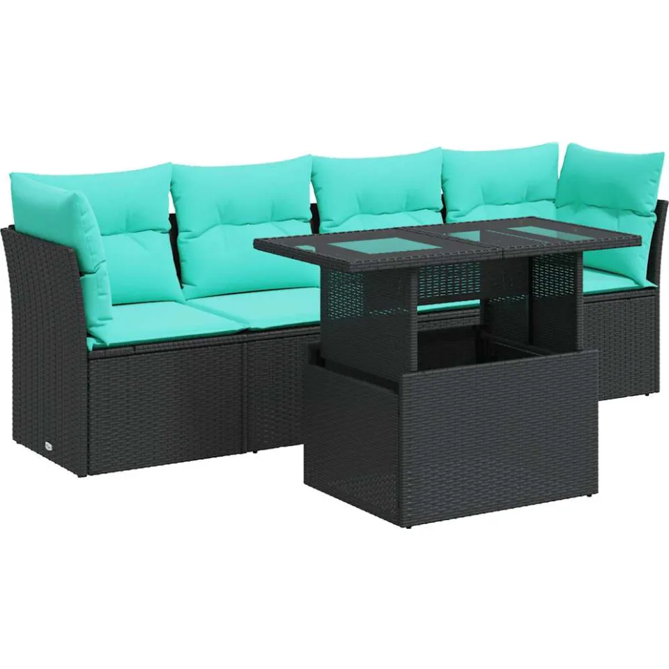 vidaXL 5-delige Loungeset met kussens poly rattan acacia zwart, foto 3