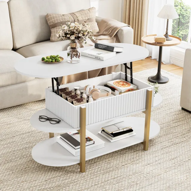Solvenrik Ovale Salontafel Wit met Opbergruimte – Salontafel met Verhoogbaar Tafelblad en Liftfunctie – MDF Koffietafel met Open Opbergvak