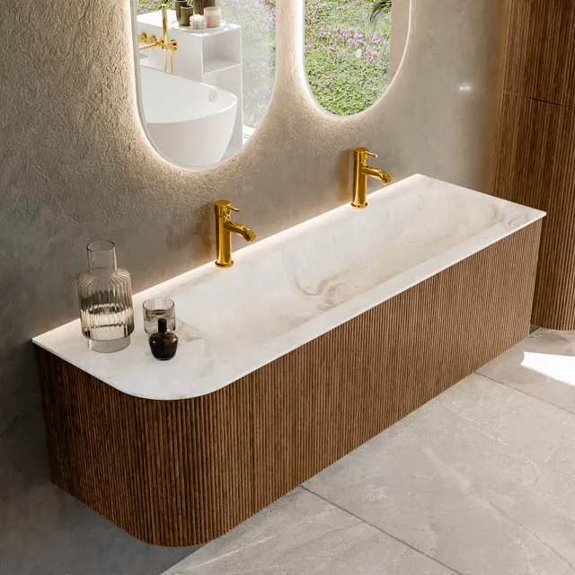 Mondiaz KURVE-DLUX 145 cm Onderkast Greeploos 1 Lade Met Deuren Walnut, Wastafel Solid Surface Rechts Frappe 2 Kraangaten Zonder Spiegel (KRVBGL145L1L1D2KR-Wal/Fra)