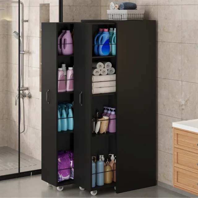 MODFU Boekenkast - Uitschuifbaar Met Wielen - Open Kast - MDF - Zwart - 51,5 X 41 X 158 Cm