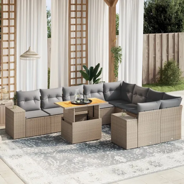 vidaXL 10-delige Loungeset met kussens poly rattan beige, foto 2
