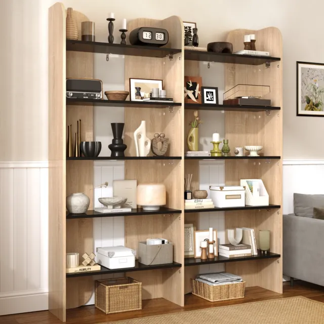 REDOM Open boekenrek - 5 niveaus - Middelste scheidingswanden - Open opbergruimte - PB-plaat met metalen beslag - Naturel en zwart - 135 x 25 x 160 cm Natuurlijke kleur + Zwart