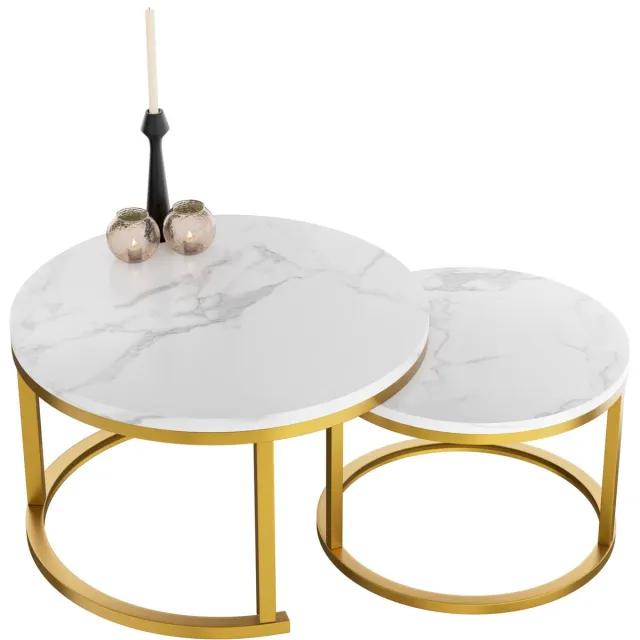 Home Heaven Home-Heaven Salontafel Rond wit Marmer Set Van 2 – Goud Table Basse Ø70cm & 40cm
