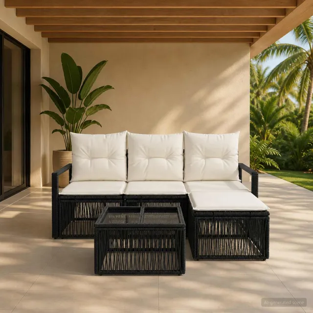vidaXL Tuinbankenset 5 st Zwart poly rattan, foto 2