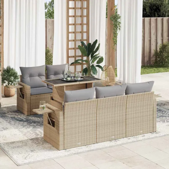 vidaXL 6-delige Loungeset met kussens poly rattan beige, foto 2