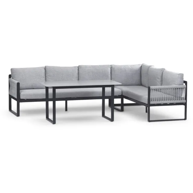 Normin Hoek lounge dining set Reims | Rechts | 5 personen | Off Sand/Black | Rope & aluminium Black, Off Sand