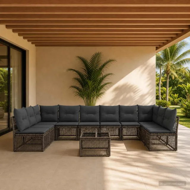 vidaXL Tuinbankenset 11 st 10-zits Grijs poly rattan