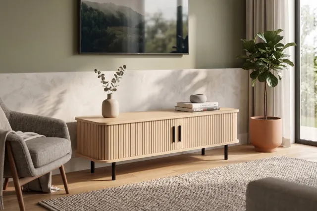 Mano Leisure Mano – TV-meubel – L 120 × B 40 × H 39 cm – Eikenhoutlook & Zwart Metaal – 100% FSC-gecertificeerd hout