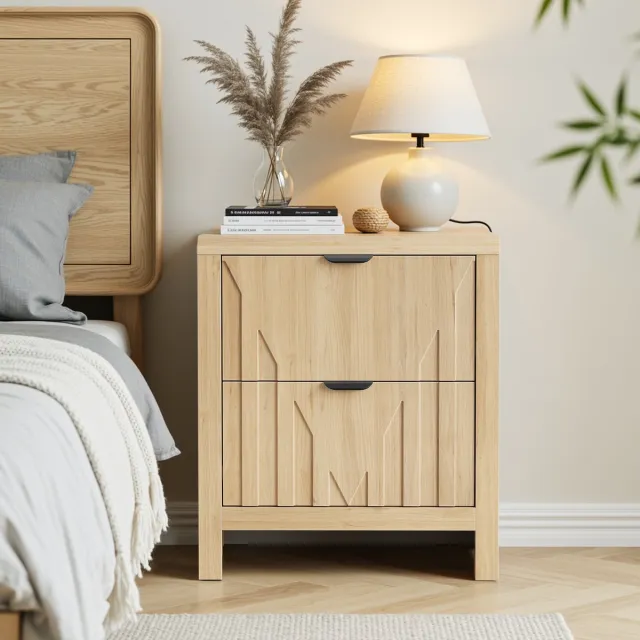 VVBV Nachtkastje 48x40x55.5 cm – Opbergruimte en 2 Lades – Scandinavisch – Mid-Century – Minimalistisch – Modern Design – Voor Woonkamer – Eiken Oak