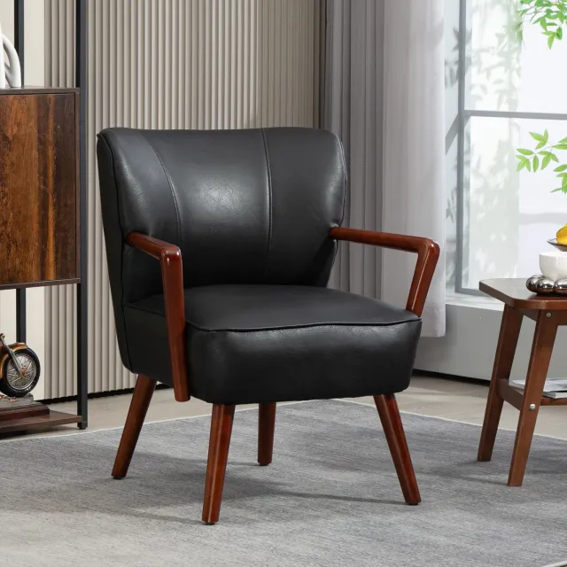 STILVORA Fauteuil 77 x 67 x 80 cm - Zachte Zitting en Verstelbare Voetjes - Voor Woonkamer en Slaapkamer - Kunstleer en Hout - Zwart