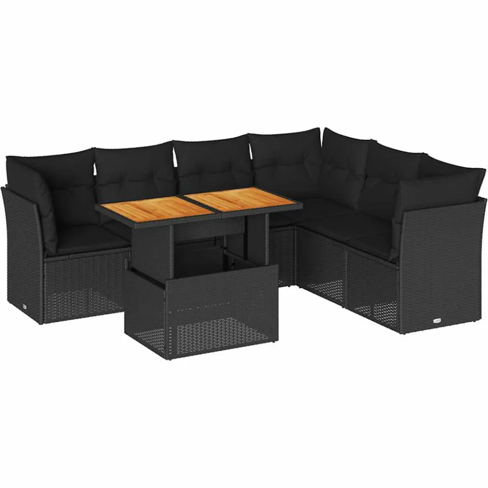 vidaXL 7-delige Loungeset met kussens poly rattan zwart, foto 3