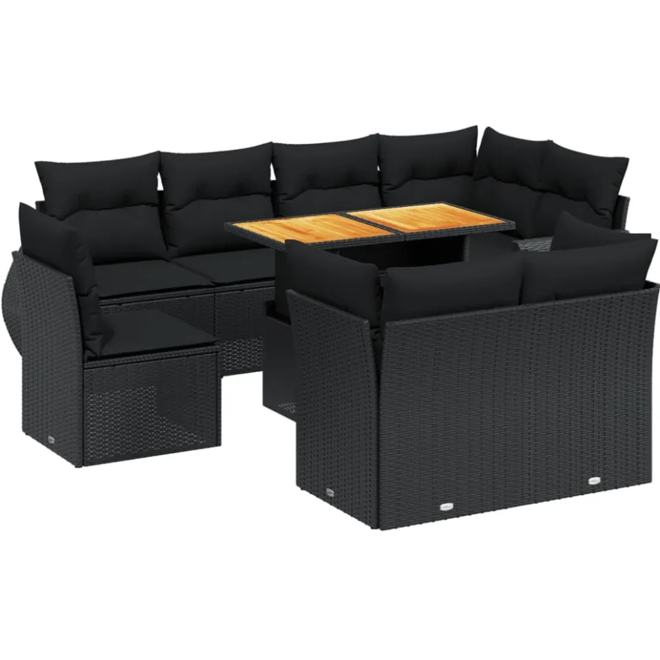 vidaXL 9-delige Loungeset met kussens poly rattan zwart, foto 3