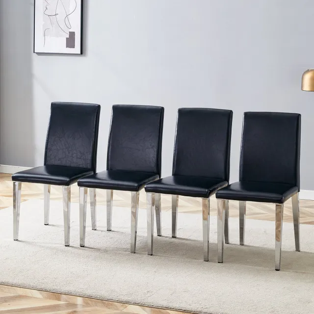 REDOM Eetkamerstoelen Set van 4 - Ergonomische Zitting - Minimalistisch - Eetkamer - Metaal en PU-leer - Zwart en Zilver Zwart+Zilver