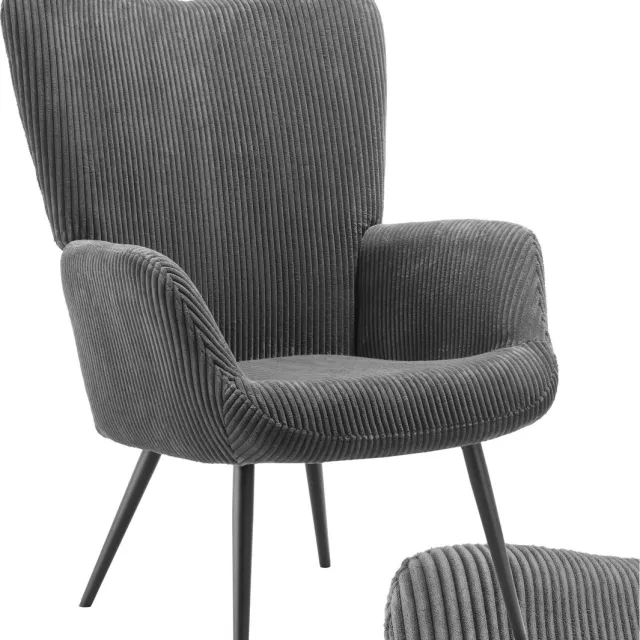 Tectake Oorfauteuil – Scandinavische Fauteuil in Corduroy en Teddy Bouclé – Loungefauteuil voor Woonkamer en Slaapkamer – Zwart Metalen Poten – Draagvermogen 150kg – Grijs grijs zwart corduroy
