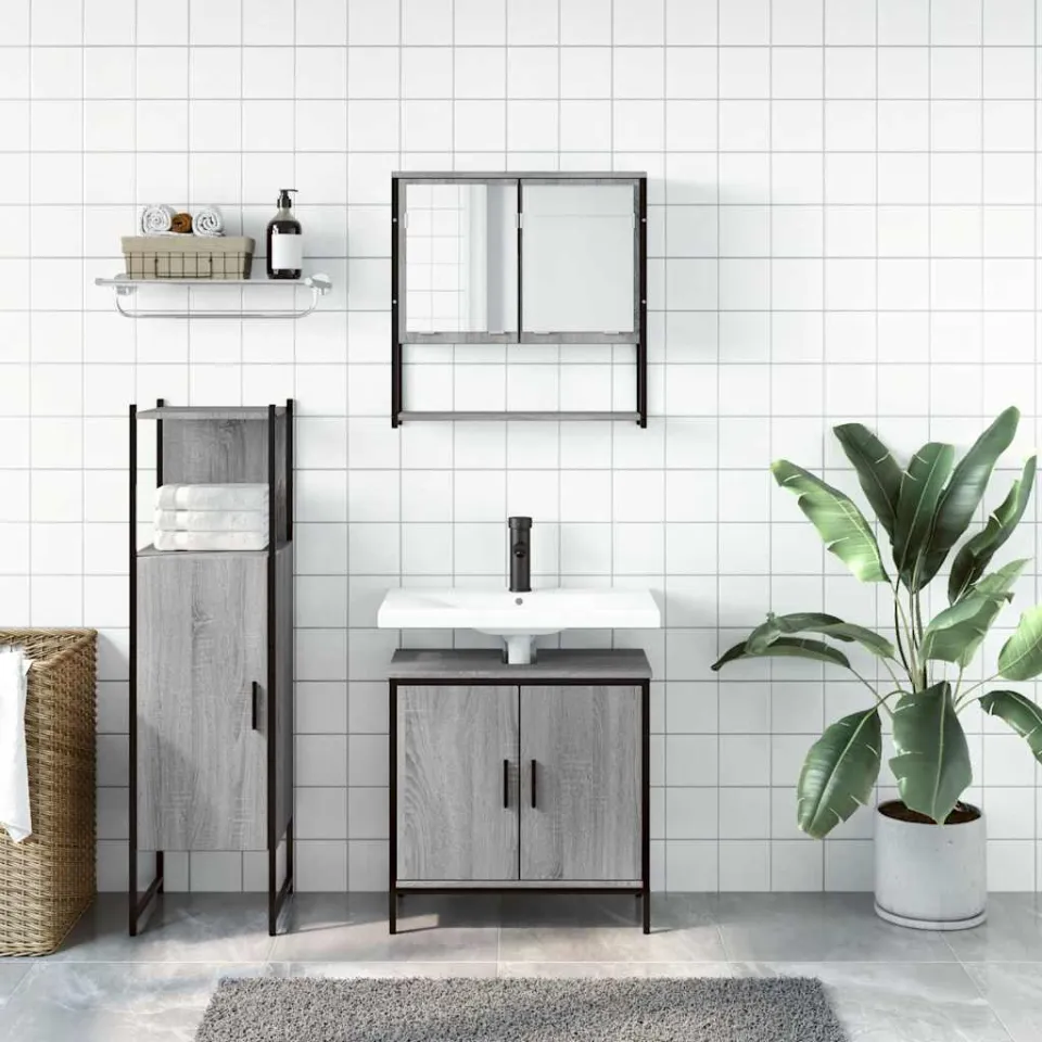 vidaXL 3-delige Badkamermeubelset bewerkt hout grijs sonoma eikenkleur, foto 2