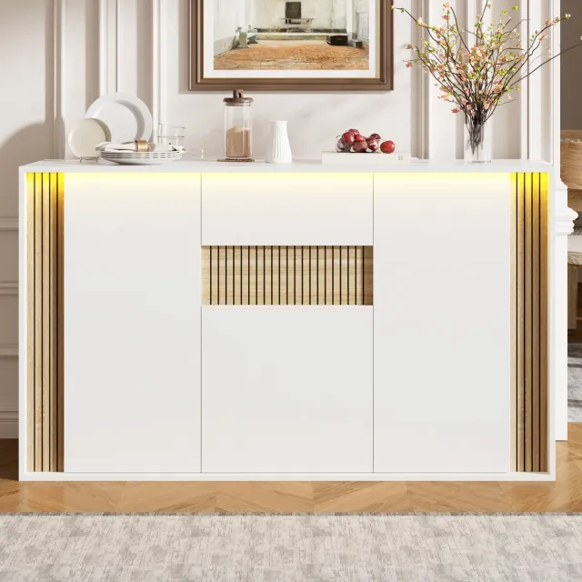 VVBV Dressoir 140x40x82 cm – Opbergmeubel met Opbergruimte, Lades en LED-Verlichting – Modern Design – Houtlook – Voor Woonkamer – Wit + Natuurlijk Hout