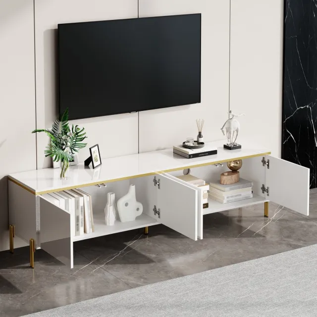 Merax Moderne tv-meubel met hoogglans - vier deurtjes - kabelingang - gouden randdecoratie - tv-kast voor woonkameropslag - wit