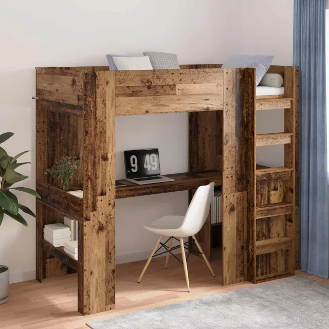 vidaXL Loft Bedframe met Bureau Oudhout 100 x 200 cm Bewerkt hout Bruin