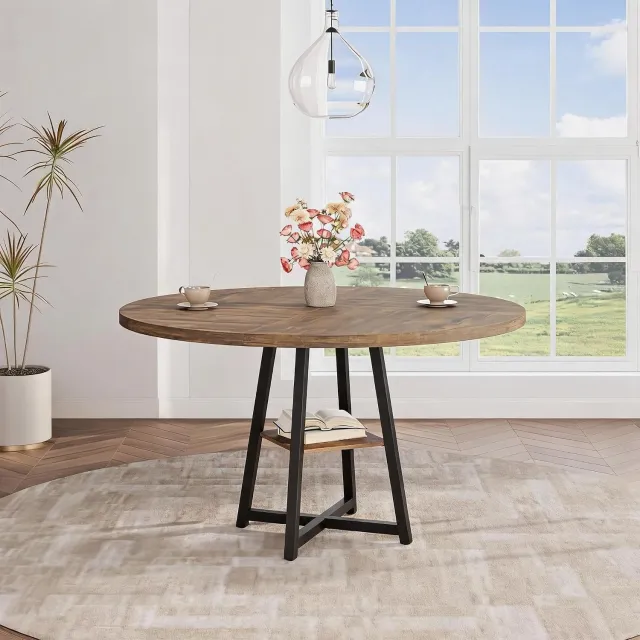 HOERFURIY Ronde eettafel voor 4 tot 6 personen, metalen onderstel, ingebouwde opbergplank bruin