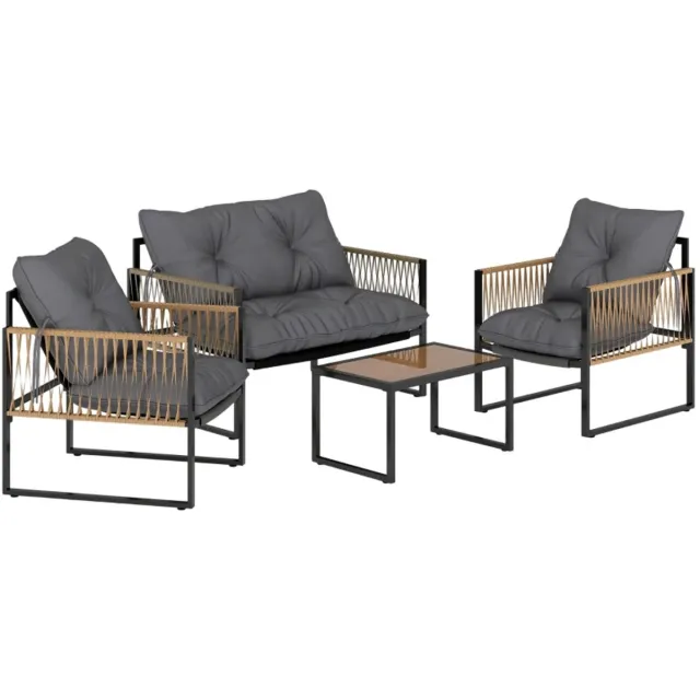 ZYLARO Tuinset - Loungeset met 2-Zitsbank, 2 Fauteuils, Salontafel met Glazen Blad & Kussens - Tuinmeubelset voor 4 Personen - Tuinbank - Zitset - Tuinsalon - Zitgroep - Polyrattan - voor Terras, Balkon, Tuin - Antraciet Antraciet, Bruin