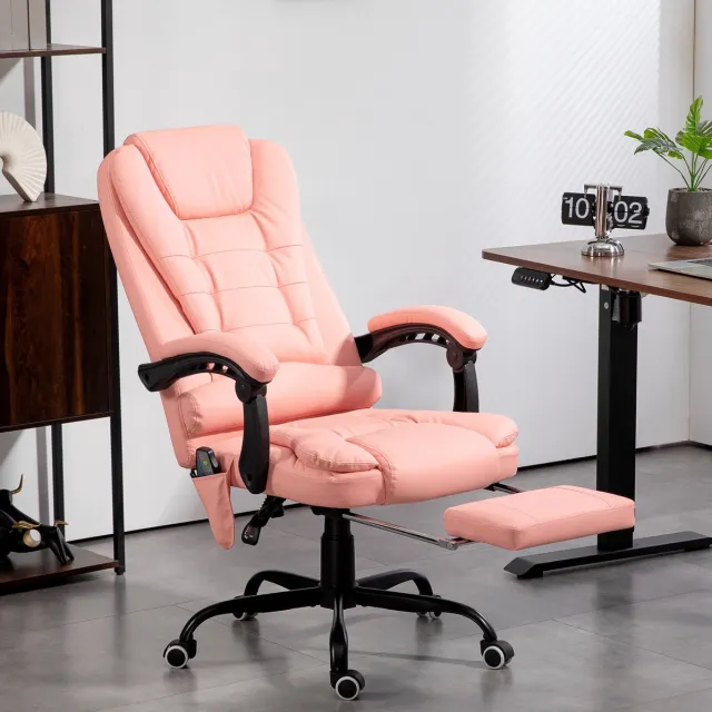 MEUNIQ bureaustoel met 7-punts vibratiemassage, verstelbare rugleuning 90-155°, uitschuifbare voetsteun, 360° draaibaar, kunstleer, roze Pink