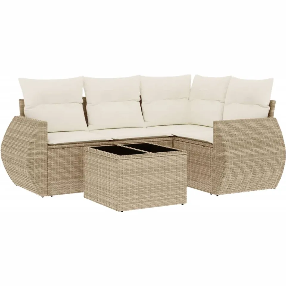 vidaXL 5-delige Loungeset met kussens poly rattan beige, foto 3
