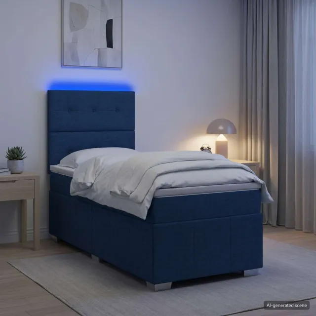 vidaXL LED Boxspring Bed met Matras Blauw 100 x 200 cm Stof
