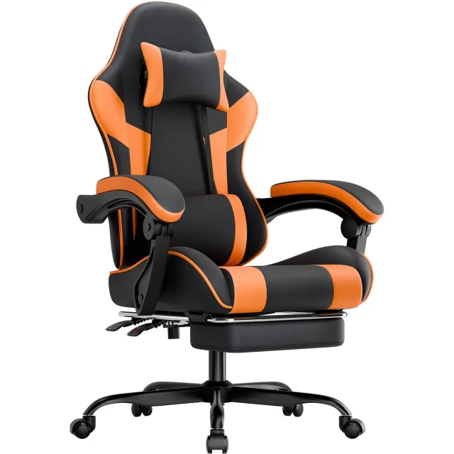 Lemlit Gamingstoel met Voetensteun, Ergonomische Bureaustoel met Lendensteun, Verstelbare Rugleuning en Meebewegende Armleuningen, PVC - Zwart-oranje
