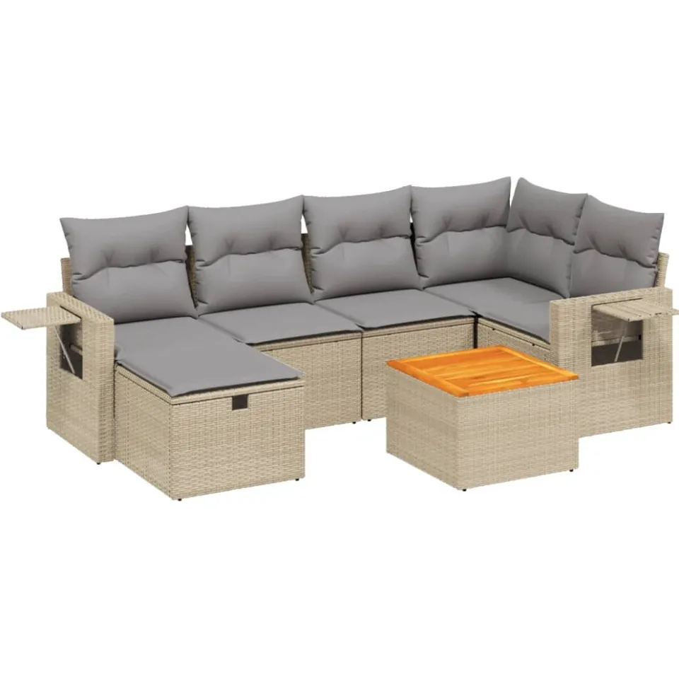 vidaXL 7-delige Loungeset met kussens poly rattan gemengd beige, foto 3
