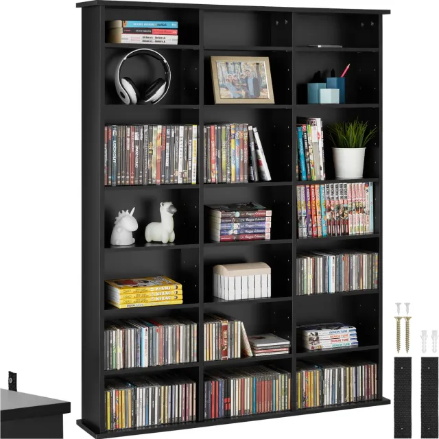 Tectake CD/DVD/Blu-ray kast - Boekenkast - 18 flexibel verstelbare planken - Houten mediakast met kantelbeveiliging - Plankstandaard - Afmeting (LxDxH) 105,5 x 19 x 136,5 cm - Zwart