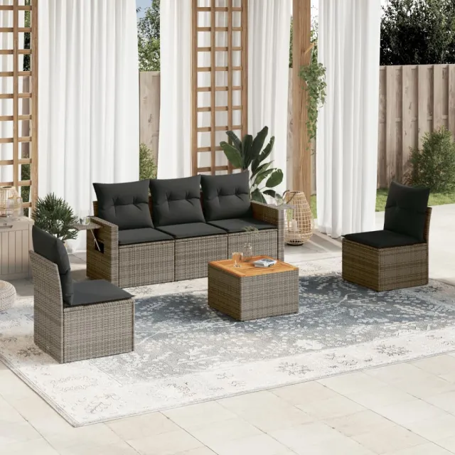 vidaXL 6-delige Loungeset met kussens poly rattan grijs, foto 2