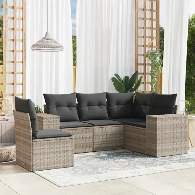 vidaXL 5-delige Loungeset met kussens poly rattan lichtgrijs grijs, foto 2
